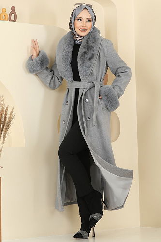 moda selvim معطف رمادي 8194FMZ1159 - Thumbnail