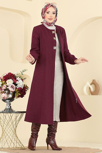 moda selvim Coat 8195AB368 Burgundy - Thumbnail