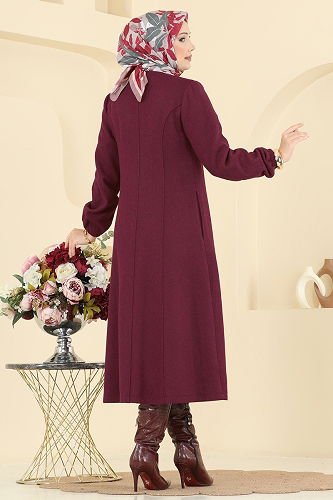 moda selvim Coat 8195AB368 Burgundy - Thumbnail