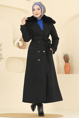 moda selvim معطف أسود 8196FMZ1159 - Thumbnail