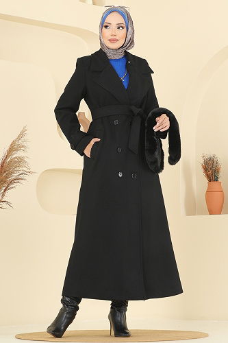 moda selvim معطف أسود 8196FMZ1159 - Thumbnail