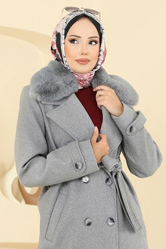 moda selvim معطف رمادي 8196FMZ1159 - Thumbnail