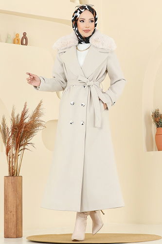 moda selvim Coat 8196FMZ1159 Stone - Thumbnail