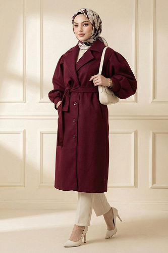 moda selvim Coat 9003FMZ1190-M Burgundy - Thumbnail