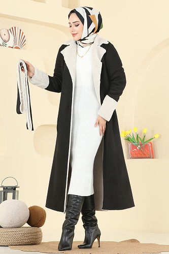 moda selvim Coat 9049S324 Black - Thumbnail