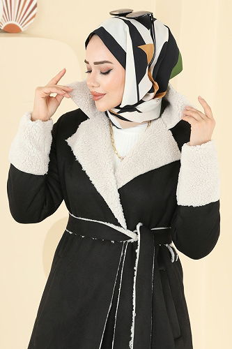 moda selvim Coat 9049S324 Black - Thumbnail