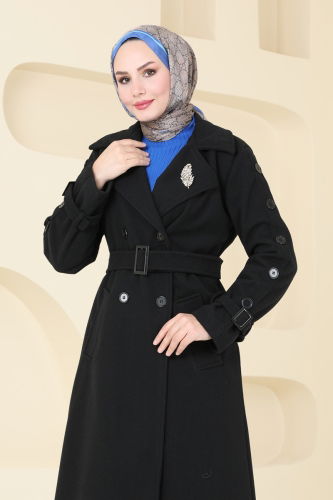 moda selvim Coat 904MSA980 Black - Thumbnail