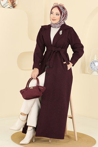 moda selvim Coat 9054S324 Burgundy - Thumbnail