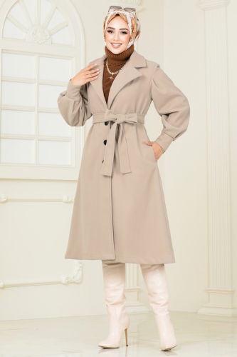 moda selvim Coat 905MSA980 Stone - Thumbnail