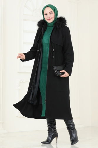 moda selvim Coat 906MSA980 Black - Thumbnail