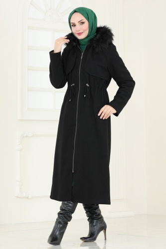 moda selvim Coat 906MSA980 Black - Thumbnail