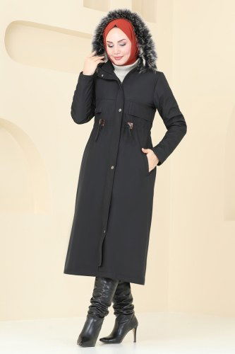 moda selvim Coat 917OZT1013 Black - Thumbnail