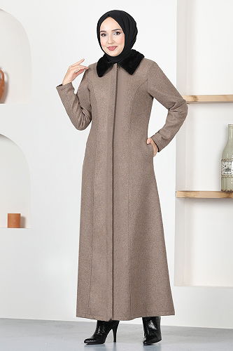 moda selvim Coat with Fur Hood END5563-M Coffee - Thumbnail
