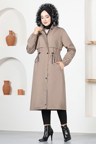 moda selvim Coat with Waist Tunnel MSS5068-M Mink - Thumbnail