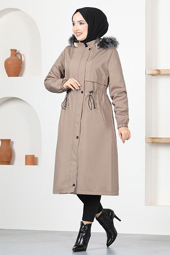 moda selvim Coat with Waist Tunnel MSS5068-M Mink - Thumbnail