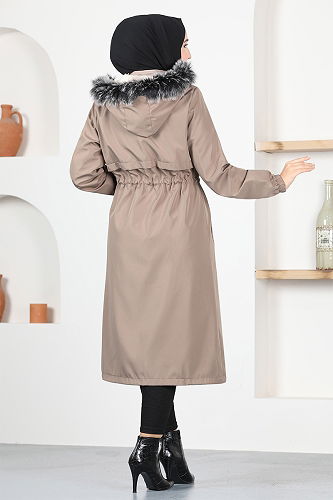moda selvim Coat with Waist Tunnel MSS5068-M Mink - Thumbnail