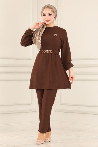 moda selvim 101YNS793 البني طقم - Thumbnail
