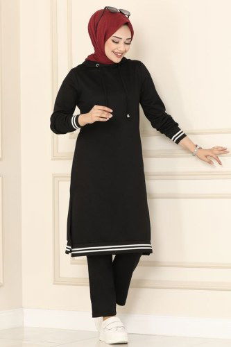 moda selvim 1032MRT754 اسود وسكري طقم - Thumbnail
