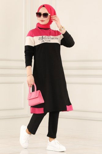 moda selvim 1036MRT754 الفوشيه والأسود طقم - Thumbnail
