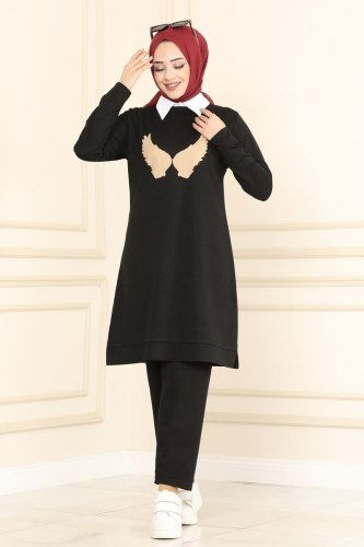 moda selvim 1212ASY563 اسود طقم - Thumbnail