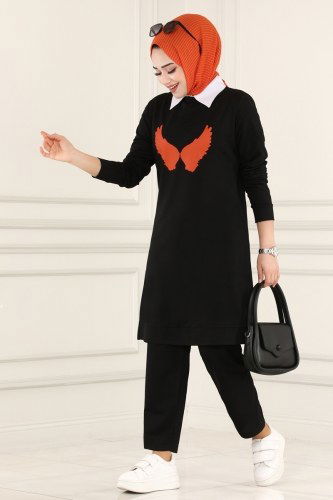 moda selvim 1212ASY563 اسود و برتقالي طقم - Thumbnail