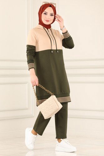 moda selvim 247NZR779 بيج & زيتي طقم - Thumbnail