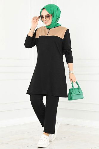 moda selvim 3001ASY563 اسود & بيج طقم - Thumbnail