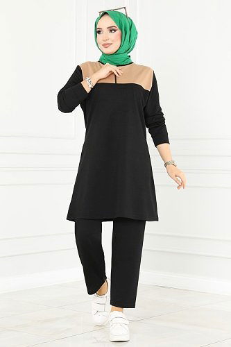 moda selvim 3001ASY563 اسود & بيج طقم - Thumbnail