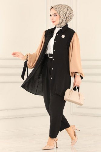 moda selvim 395ASM762 اسود و لحمي طقم - Thumbnail