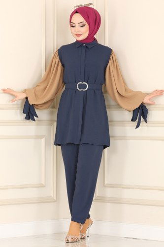 moda selvim Combine 395ASM762 Navy Blue & Mink Colored - Thumbnail