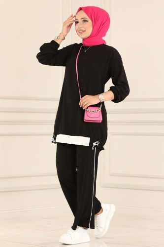 moda selvim 5667AYD574 اسود وسكري طقم - Thumbnail