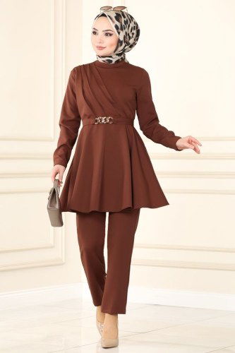 moda selvim 5860BSK463 البني طقم - Thumbnail