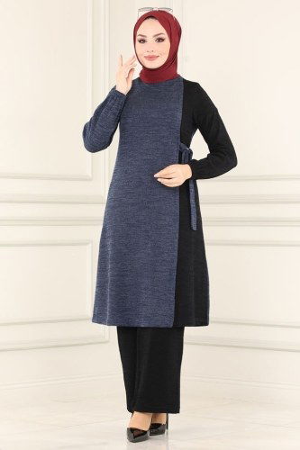 moda selvim 6013MRT754 ياقوتي مع الأسود طقم - Thumbnail
