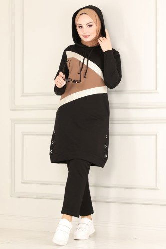 moda selvim 7054NZR779 اسود و لحمي طقم - Thumbnail