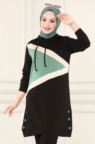 moda selvim 7054NZR779 اسود وتركوازي طقم - Thumbnail