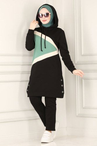 moda selvim 7054NZR779 اسود وتركوازي طقم - Thumbnail
