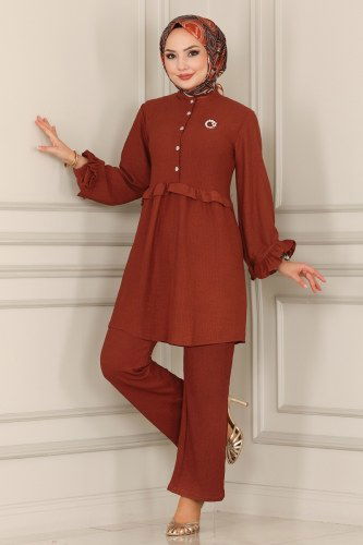 moda selvim 9093AYD574 البني طقم - Thumbnail
