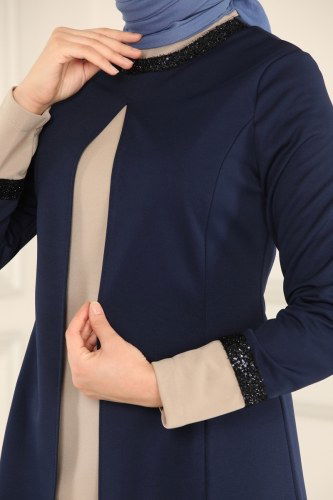 moda selvim Combine ASM2550 Navy Blue & Mink Colored - Thumbnail