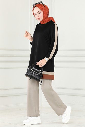 moda selvim ASM2675 اسود & بيج طقم - Thumbnail