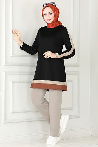 moda selvim ASM2675 اسود & بيج طقم - Thumbnail