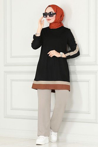 moda selvim ASM2675 اسود & بيج طقم - Thumbnail