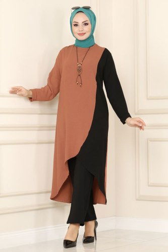 moda selvim PL8043 رملي&اسود طقم - Thumbnail