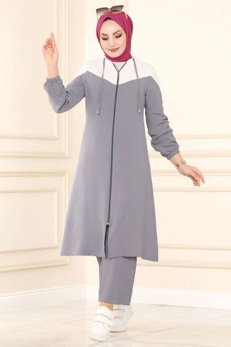 moda selvim PL8050 بيج فاتح ورمادي طقم - Thumbnail
