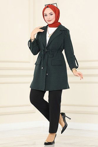 moda selvim PL9049 نمط مربعات زيتي & اسود طقم - Thumbnail