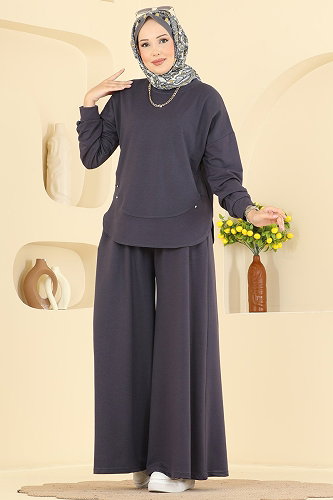moda selvim طقم رمادي غامق 005NZA1199 - Thumbnail