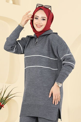 moda selvim طقم رمادي غامق 01050BRZ597 - Thumbnail