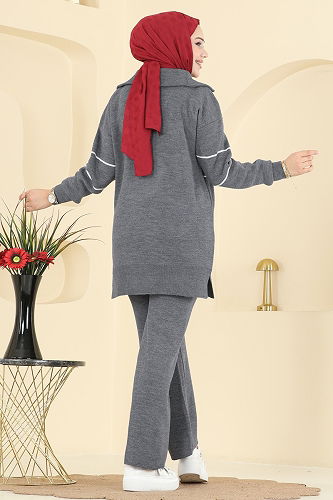 moda selvim طقم رمادي غامق 01050BRZ597 - Thumbnail