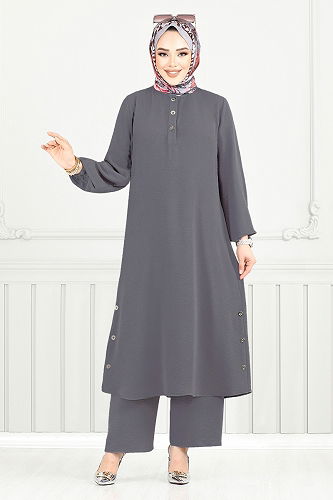 moda selvim طقم رمادي غامق 015MR1077-M - Thumbnail