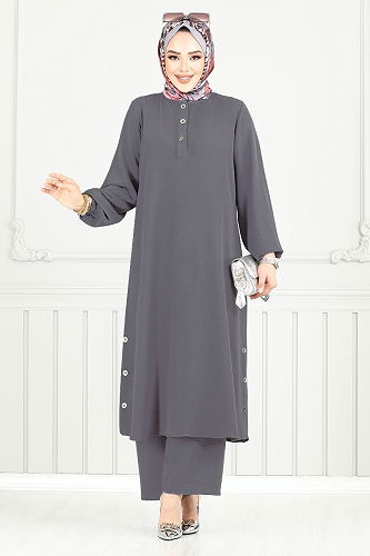 moda selvim طقم رمادي غامق 015MR1077-M - Thumbnail