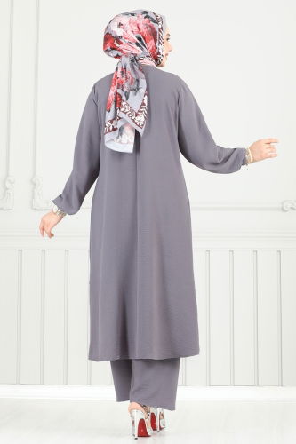 moda selvim طقم رمادي غامق 015MR1078 - Thumbnail